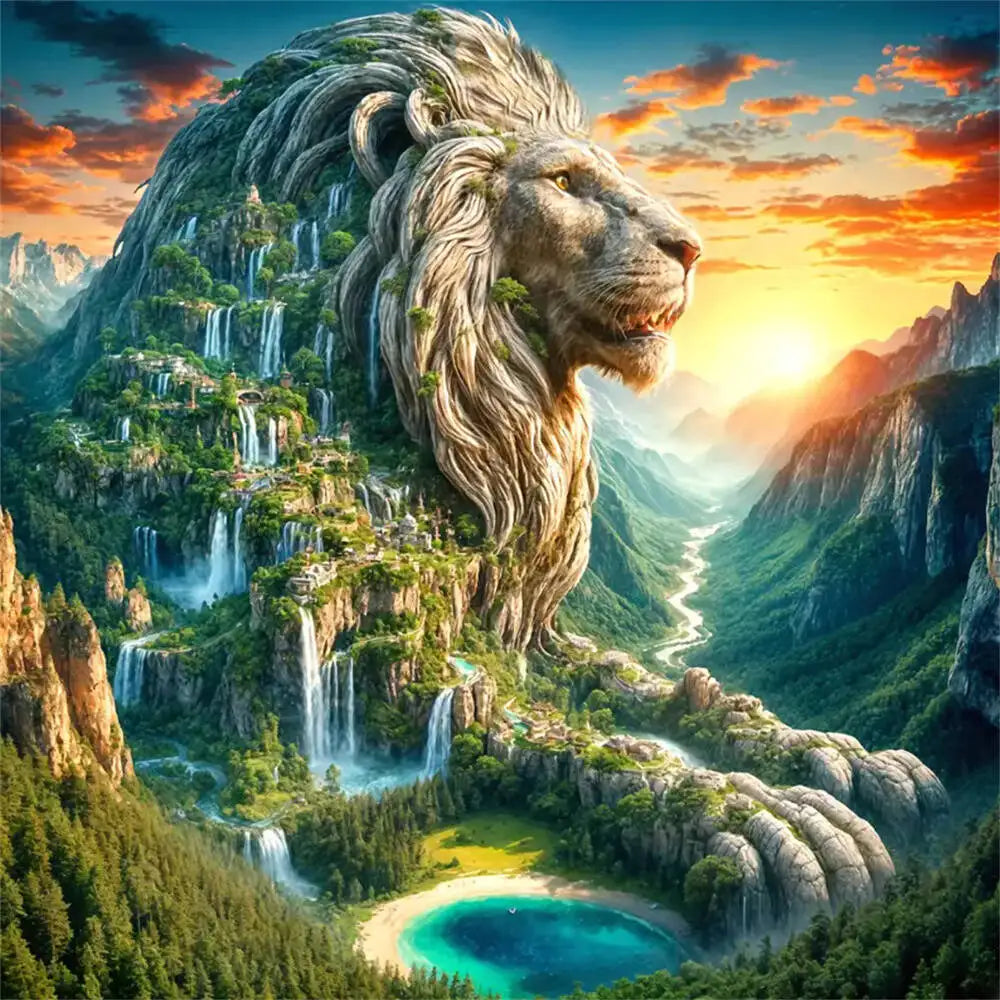 Huacan Diamond Painting Kit Lion Animal Mountain Tree Landscape Full Round Square Diamond Mosaic Home Living Room Art Craft