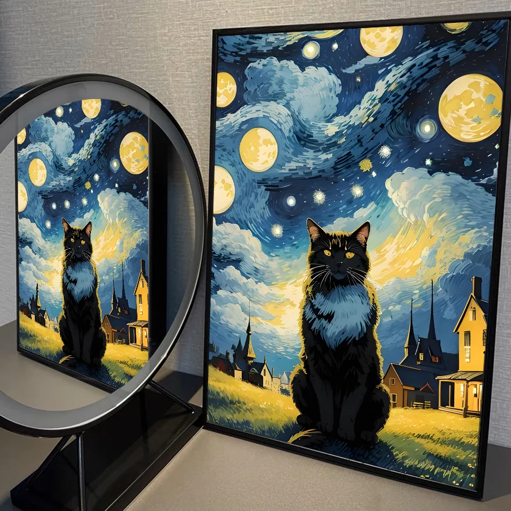 Van Gogh The Starry Night Romantic Black Cat WhitePaper Poster Sticker for Living Room Bar Decorants Aesthetic Art Wall Painting