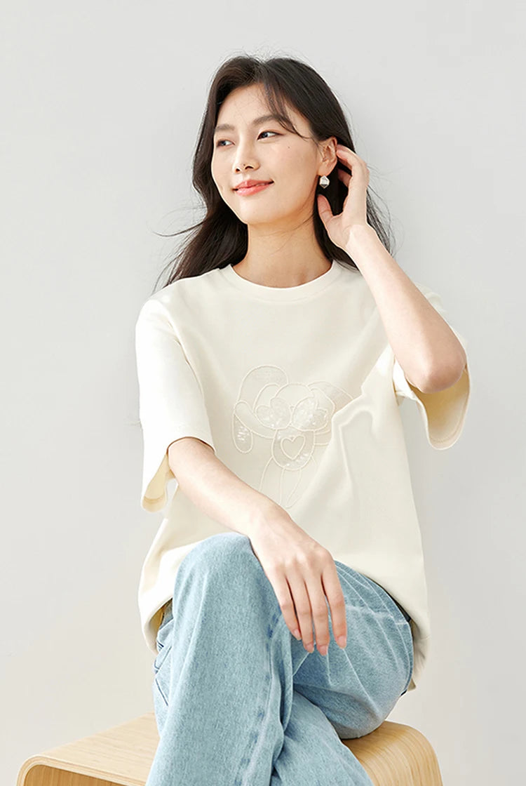 Vimly Summer Short Sleeve Women's T-shirt Simple Round Neck Straight Loose Casual Embroidery Cotton Top Basic Tees M5617