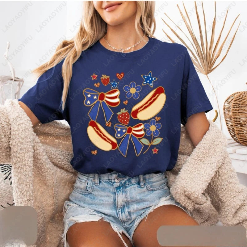 Patriotic Hot Dog 4th of July Tshirt Funny Independence Clothes Day Bow Strawberry Flower Star Pattern Tee Women Wen Cotton Tops