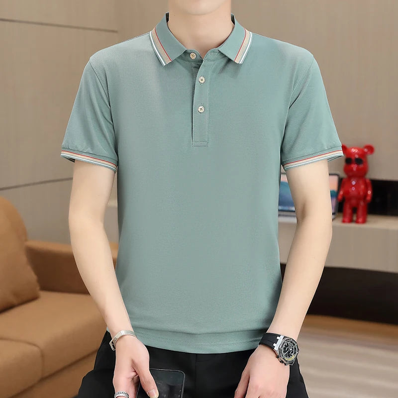 2025 Summer Casual Super Stretch Polo T-Shirt Men Turn Down Collar Slim Fit Solid Color Golf Top For Men Plus Size 4XL
