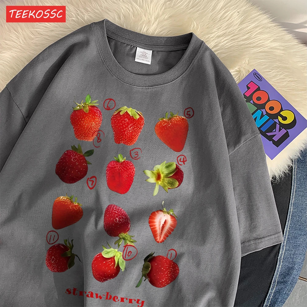 100% Cotton Women T-shirt Cute Fresh Strawberries Printed Tee Shirt Summer Comfortable Loose Tops Street Fashion Female Clothes