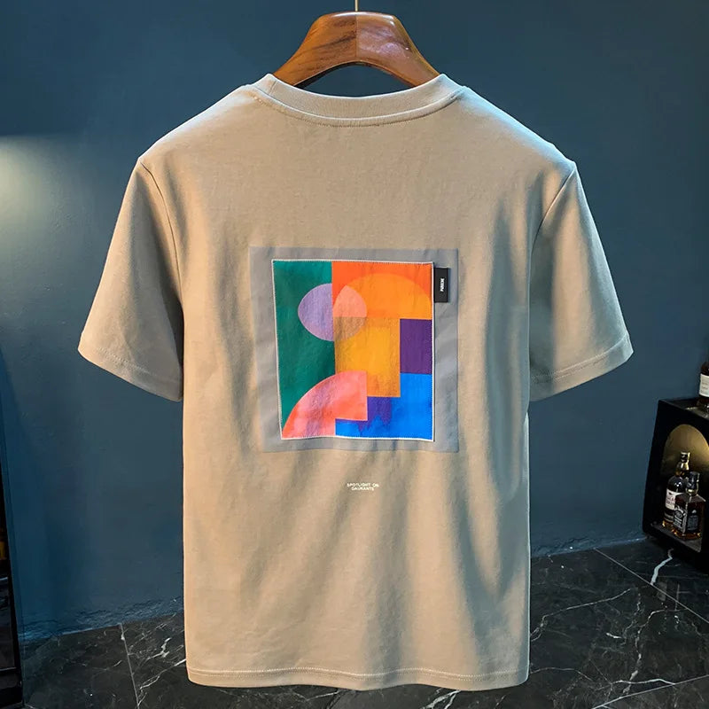 2025 Summer New Geometric Creative Printed Short sleeved T-shirt for Men, Comfortable, Versatile, Premium Embroidered Top