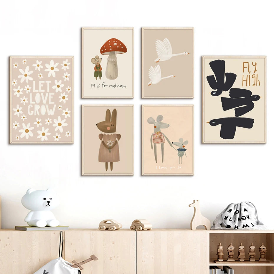 Boho Cartoon Rabbit Mouse Goose Nursery Wall Art Canvas Painting Nordic Retro Poster Prints Wall Picture Baby Kids Room Decor