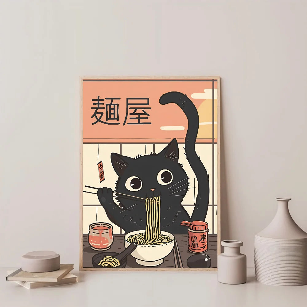 1pc Hot Style Kawaii Japanese Ramen Animal Cat Poster HD Posters Home Room Bar Cafe Decor Art Wall Painting Picture