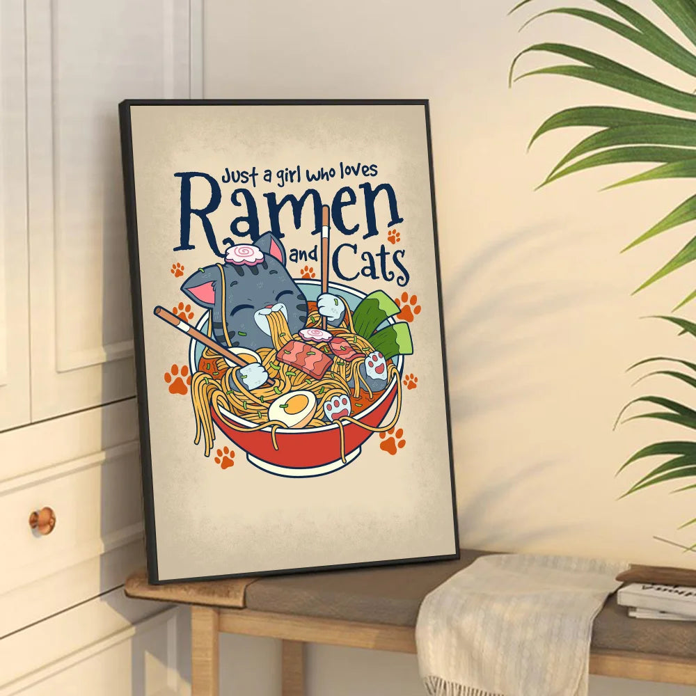 Hot Style Ramen Animal Cat Anime Posters Sticky Whitepaper Sticker DIY Room Bar Cafe Kawaii Room Decor