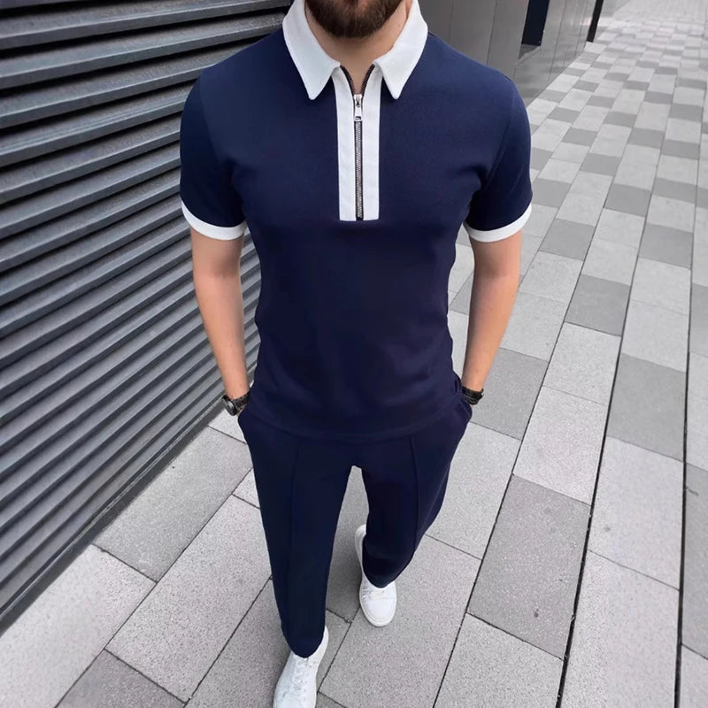 Daily Casual Mens Short Sleeve Outfits Spring Summer Leisure Zipper Lapel Polo Shirt And Pants Two Piece Sets Men Vintage Suits