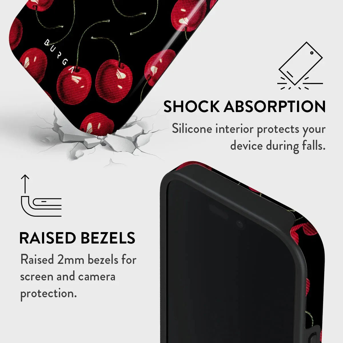 BURGA Cherry Pattern Phone Case for iPhone 16 15 14 13 12 11 Pro Max Plus Luxury Double-layer Back Cover