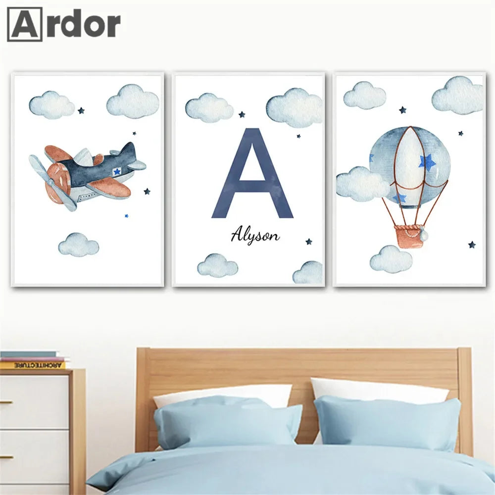 Hot Air Balloon Canvas Poster Custom Name Art Painting Blue Helicopter Plane Print Pictures Nursery Wall Posters Kids Room Decor