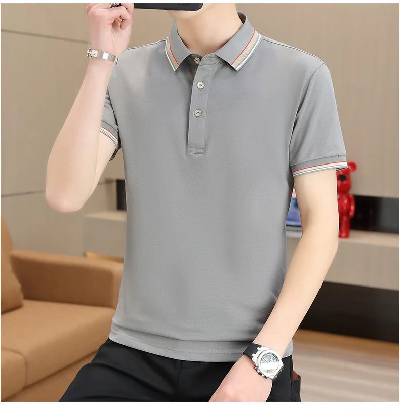 2025 Summer Casual Super Stretch Polo T-Shirt Men Turn Down Collar Slim Fit Solid Color Golf Top For Men Plus Size 4XL
