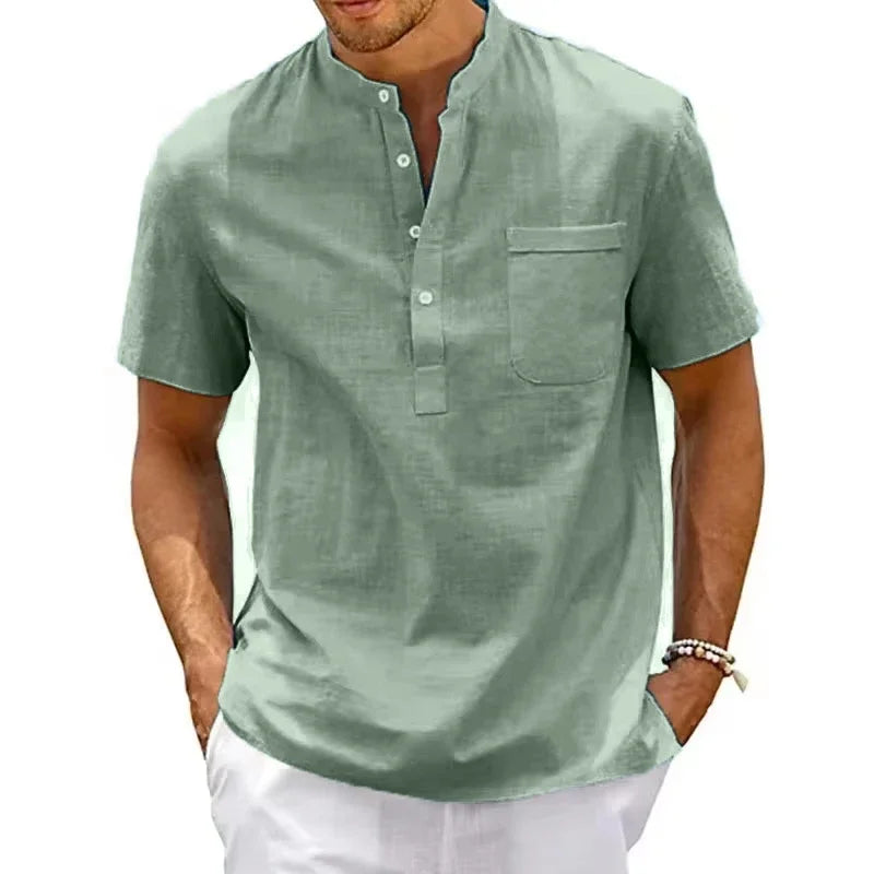 Summer Men's Short Sleeve Cotton Polo Shirts Solid Color Stand Loose Pullover Shirts Thin Soft Breathable Button T-shirt Top