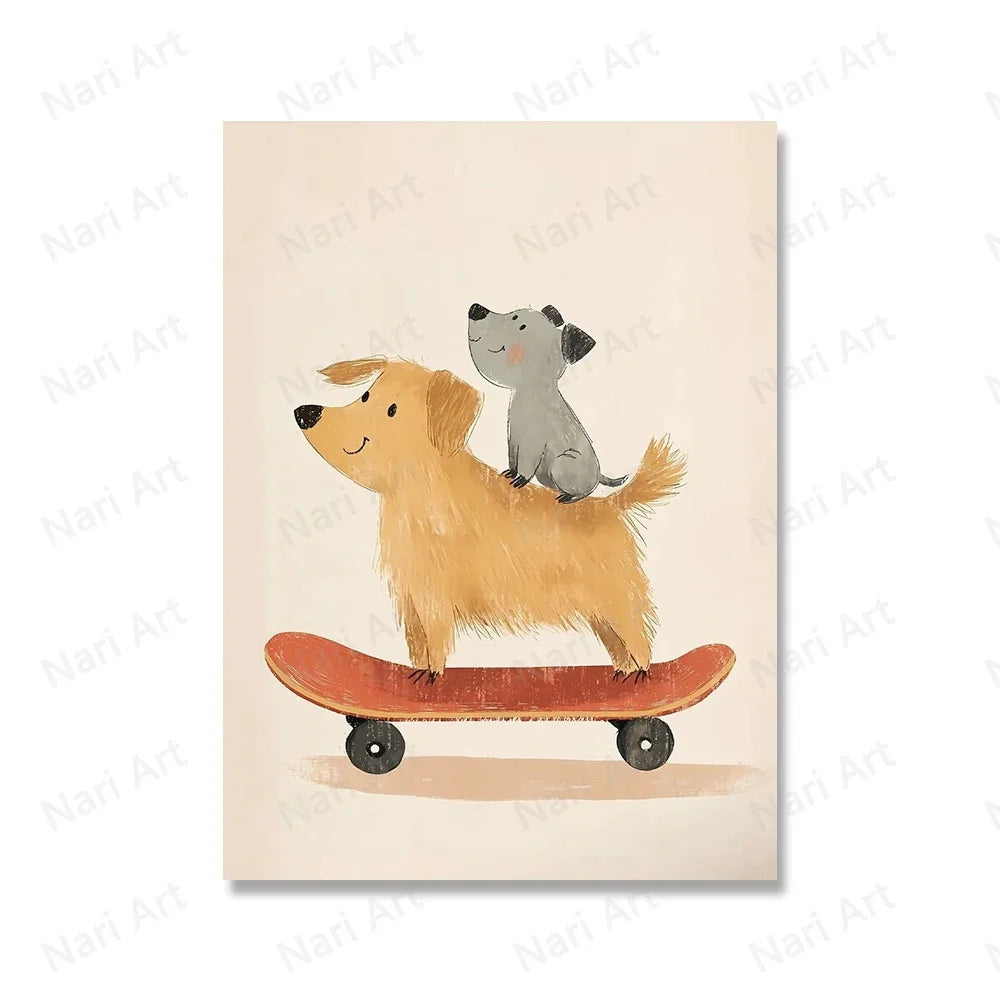 Funny Animals Rabbit Dog Cat Skateboard Posters Prints Wall Art Canvas Neutral Nursery Picture for Baby Kids Room Decor Unframed