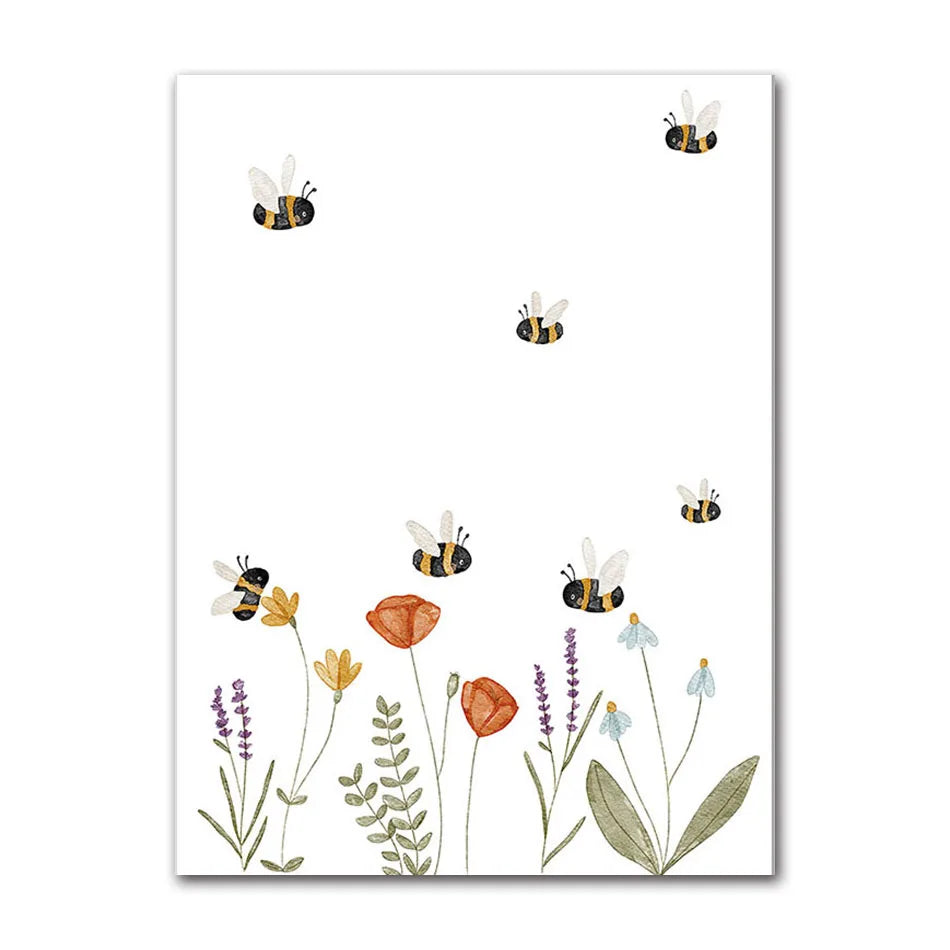 Boho Cartoon Canvas Painting, Fox, Rabbit, Bee, Bear, Hedgehog, Flower Posters, Art Prints, Wall Photos, Baby, Kids Room