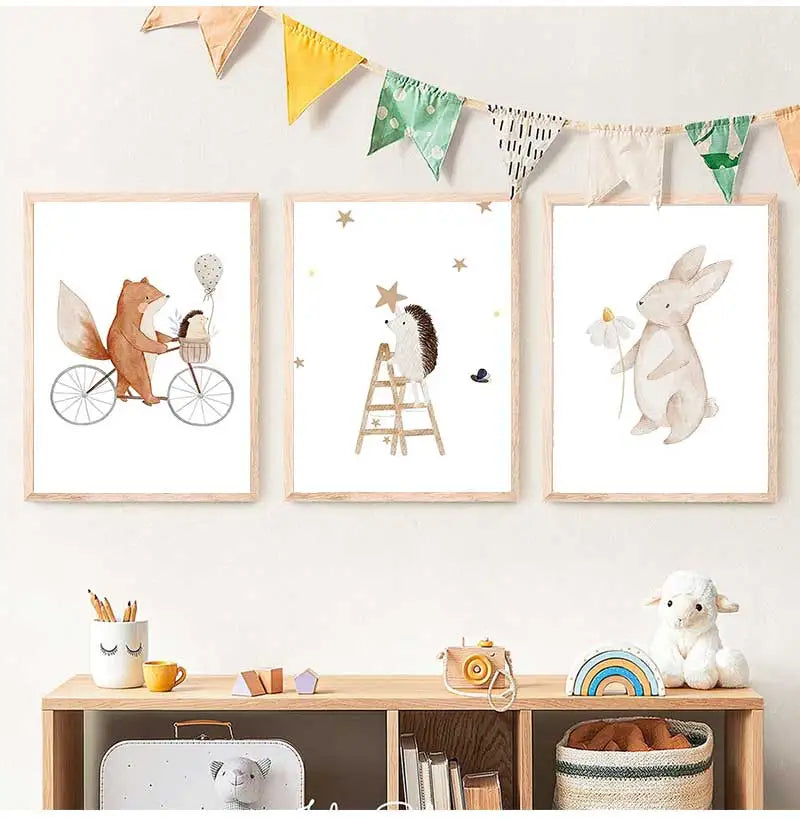 Boho Cartoon Canvas Painting, Fox, Rabbit, Bee, Bear, Hedgehog, Flower Posters, Art Prints, Wall Photos, Baby, Kids Room