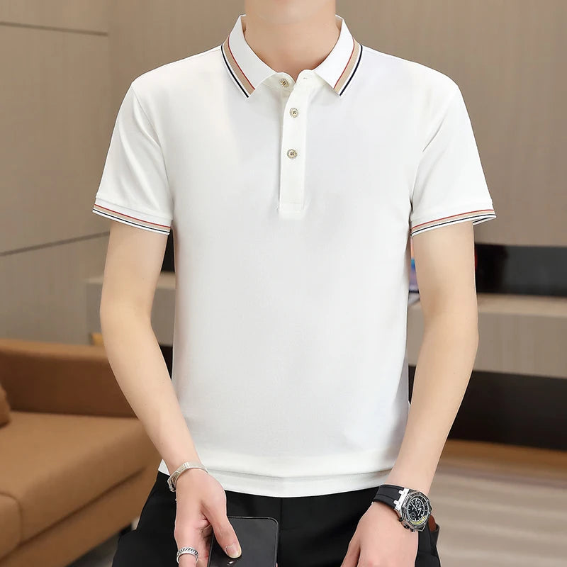 2025 Summer Casual Super Stretch Polo T-Shirt Men Turn Down Collar Slim Fit Solid Color Golf Top For Men Plus Size 4XL
