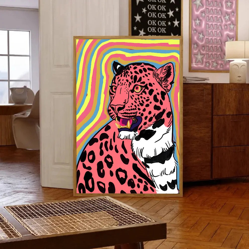 Wild Leopard Tiger Vase Flower Girl Power Poster Self-adhesive Art Waterproof Paper Sticker Coffee House Bar Room Wall Decor