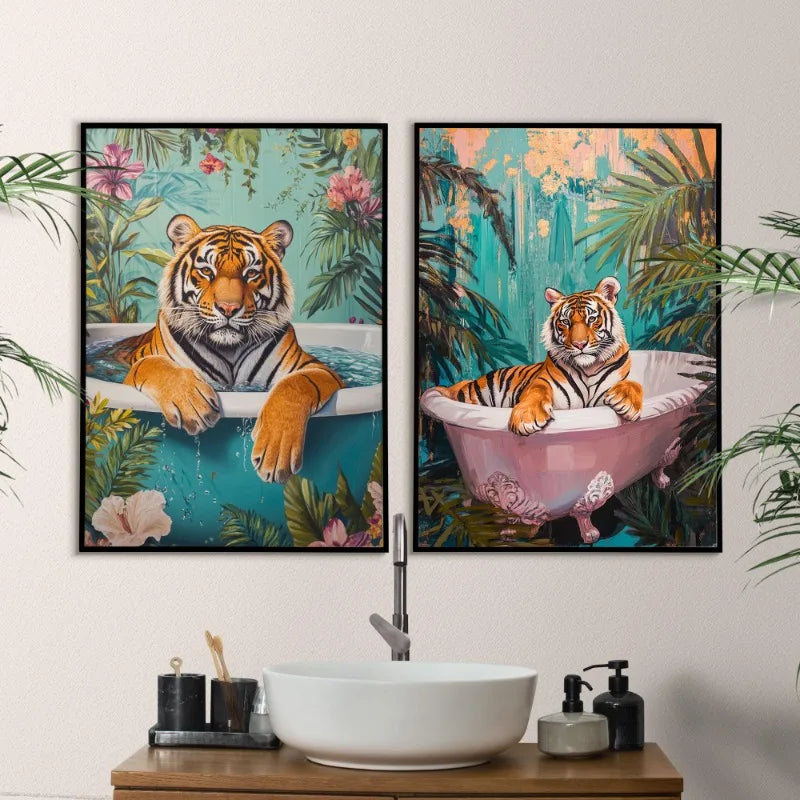 Relaxing Animal on Pool Float Summer Tropical Poster Lion Tiger Cat Canvas Painting Wall Art Fun Bathroom Living Room Home Decor