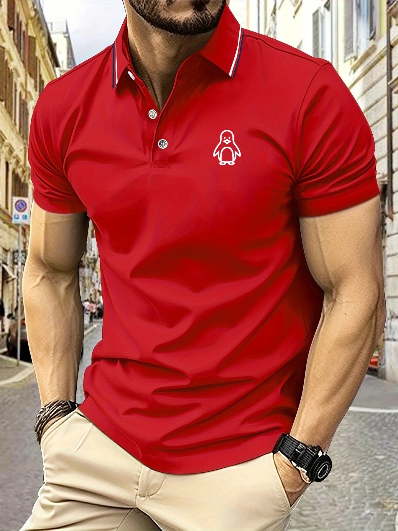 2025 New Men's Polo Shirt Penguin Print Summer Lapel Stripes Men Short Sleeve Casual Breathable Light Luxury Cool T-Shirt