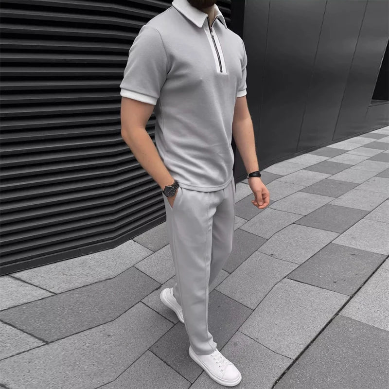 Daily Casual Mens Short Sleeve Outfits Spring Summer Leisure Zipper Lapel Polo Shirt And Pants Two Piece Sets Men Vintage Suits