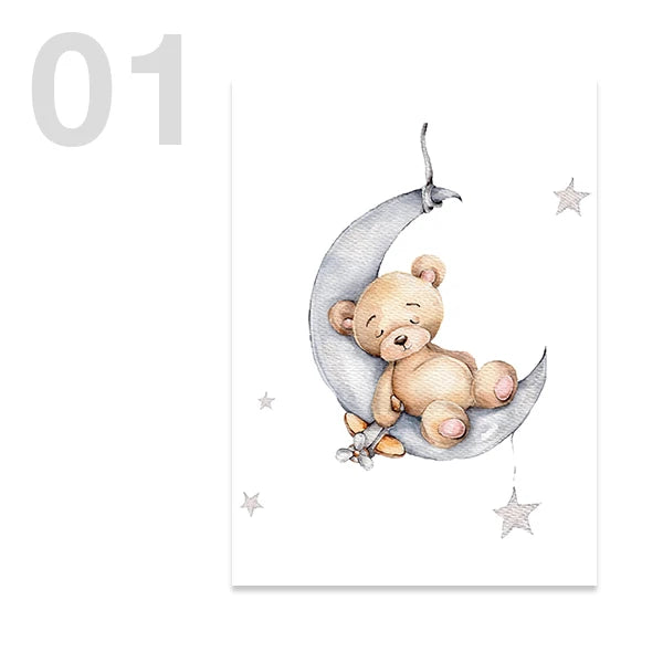 Watercolor Cute Teddy Bear and Rabbit Nursery Wall Art Posters and Prints Canvas Paintings Mural Pictures for Baby and Kids Room
