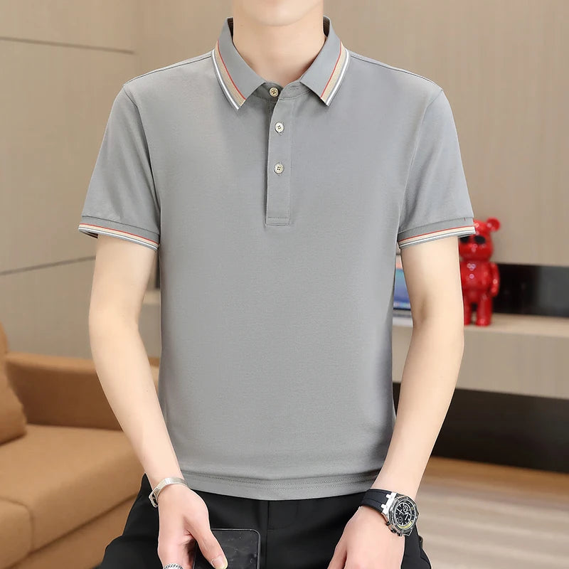 2025 Summer Casual Super Stretch Polo T-Shirt Men Turn Down Collar Slim Fit Solid Color Golf Top For Men Plus Size 4XL