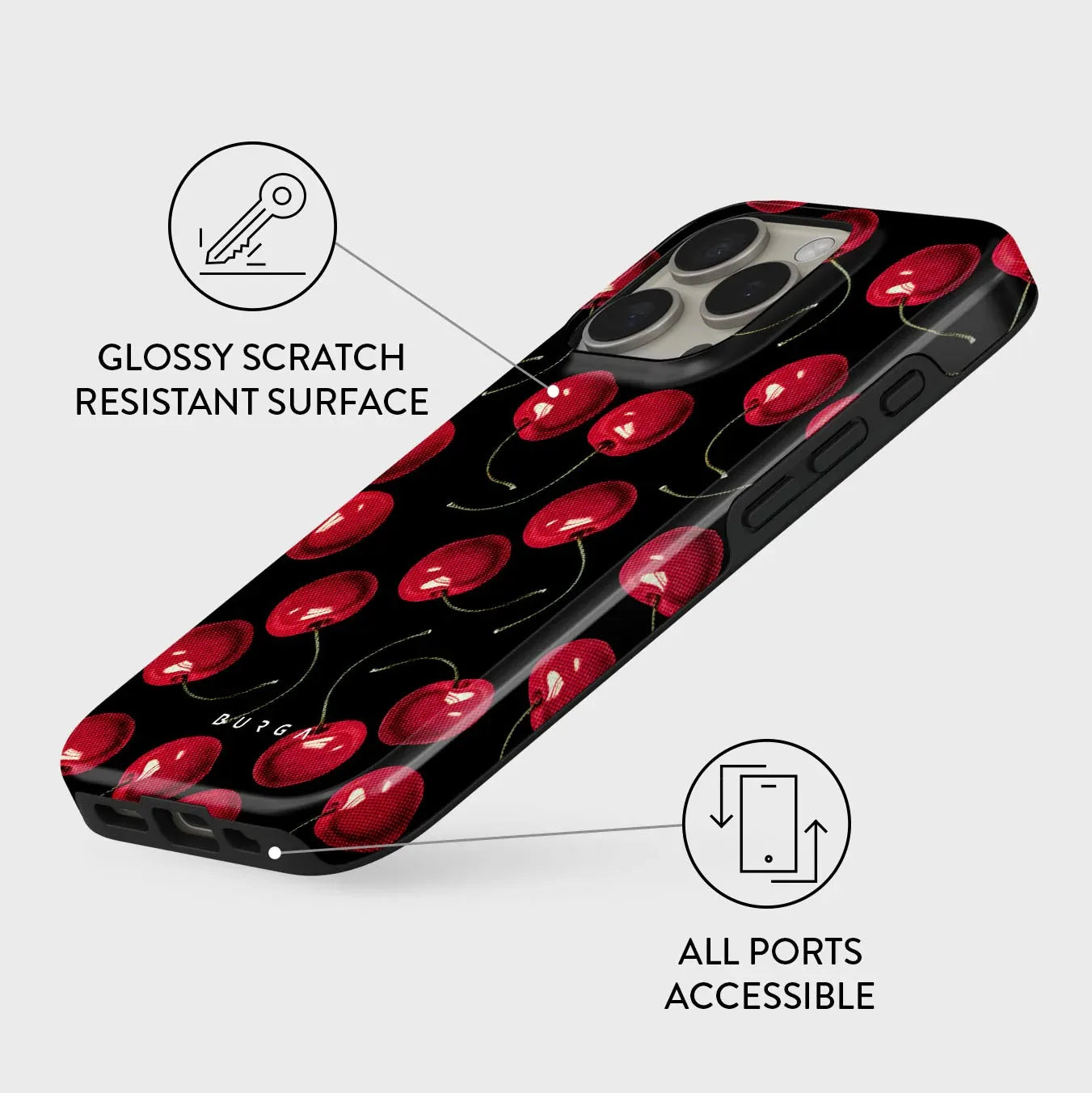 BURGA Cherry Pattern Phone Case for iPhone 16 15 14 13 12 11 Pro Max Plus Luxury Double-layer Back Cover