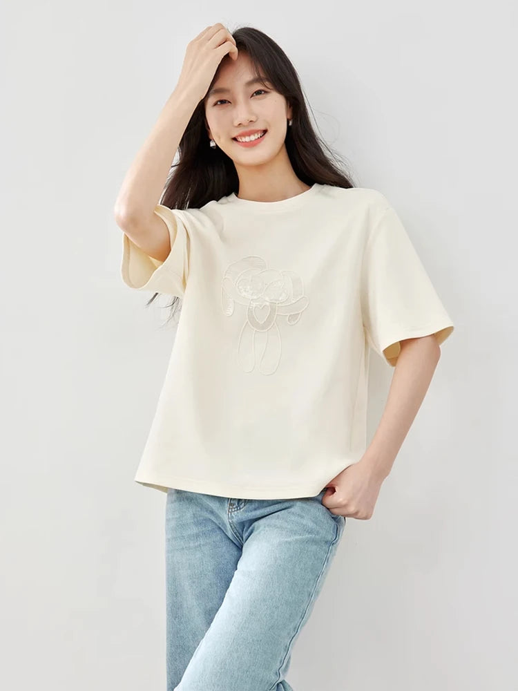 Vimly Summer Short Sleeve Women's T-shirt Simple Round Neck Straight Loose Casual Embroidery Cotton Top Basic Tees M5617