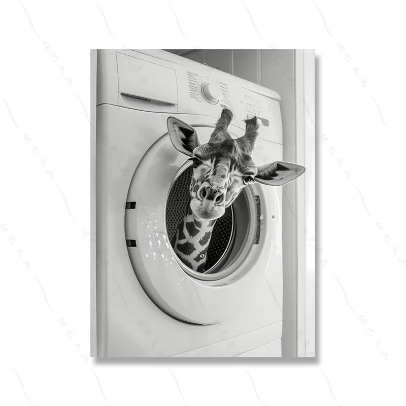 Cute Giraffe Penguin Tiger in Washing Machine Poster Laundry Room Decor Picture Funny Laundry Wall Art Utility Room Print Canvas