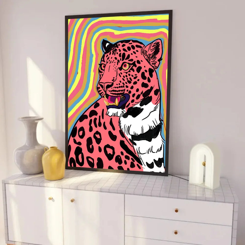 Wild Leopard Tiger Vase Flower Girl Power Poster Self-adhesive Art Waterproof Paper Sticker Coffee House Bar Room Wall Decor