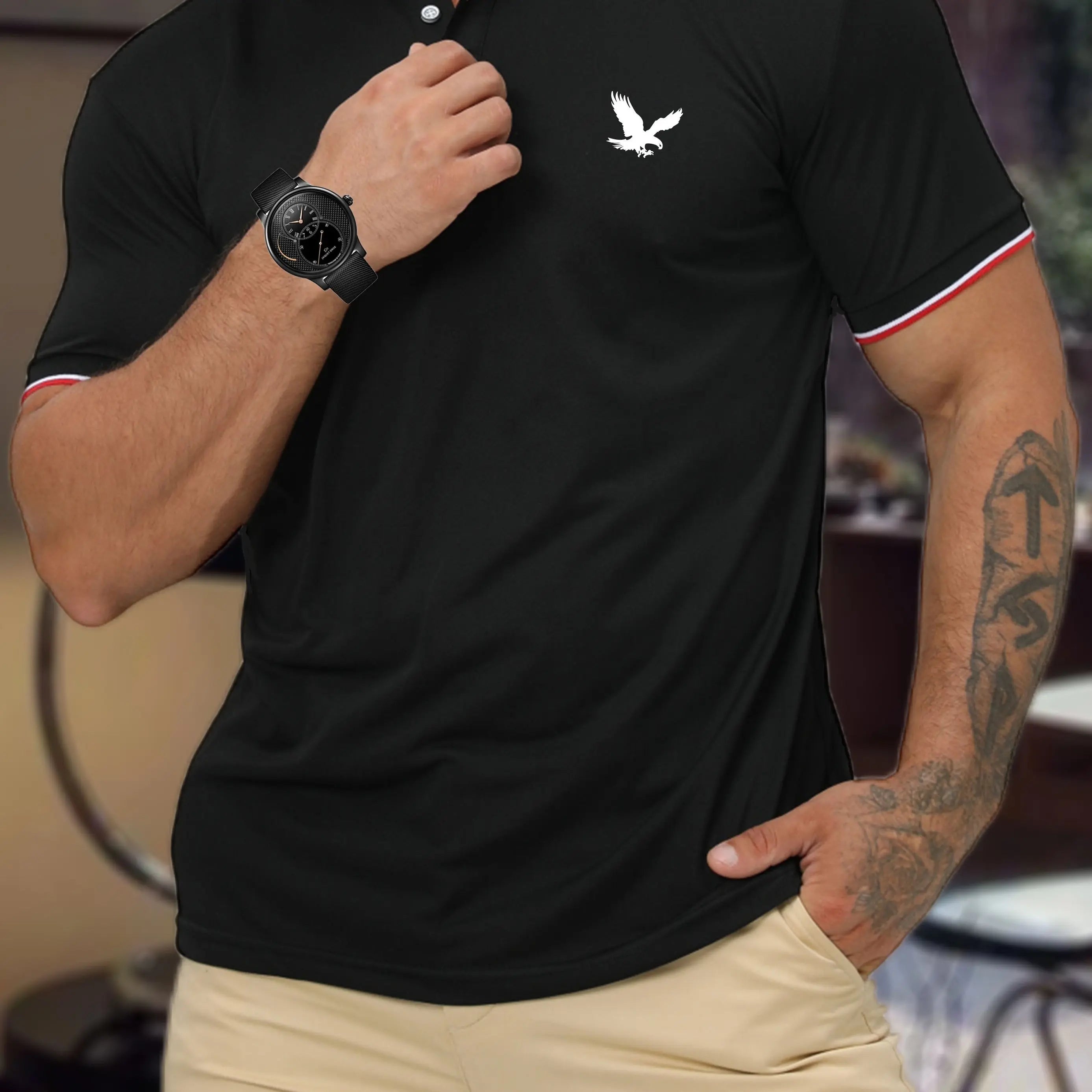 Men's Summer 100 Cotton Eagle Pattern Print Loose Large Casual Polo Collar Short Sleeve POLO Shirt Top