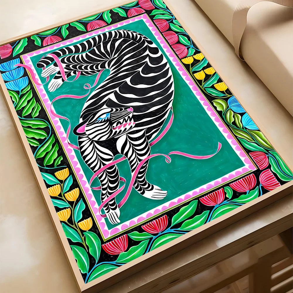 Wild Leopard Tiger Vase Flower Girl Power Poster Self-adhesive Art Waterproof Paper Sticker Coffee House Bar Room Wall Decor
