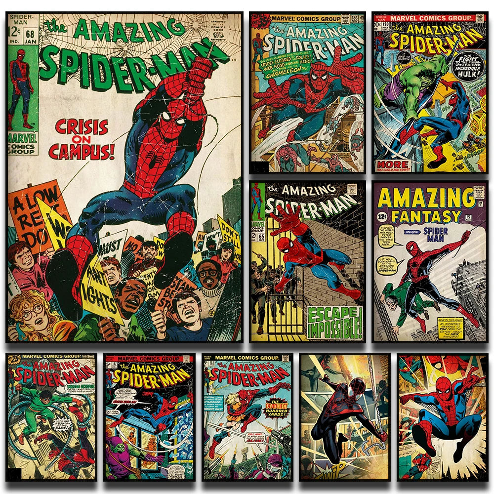 Marvel Super Hero Decorative Painting Anime Spider Man Art Poster Retro American Film Mural Home Childrens Room Wall Decor Print