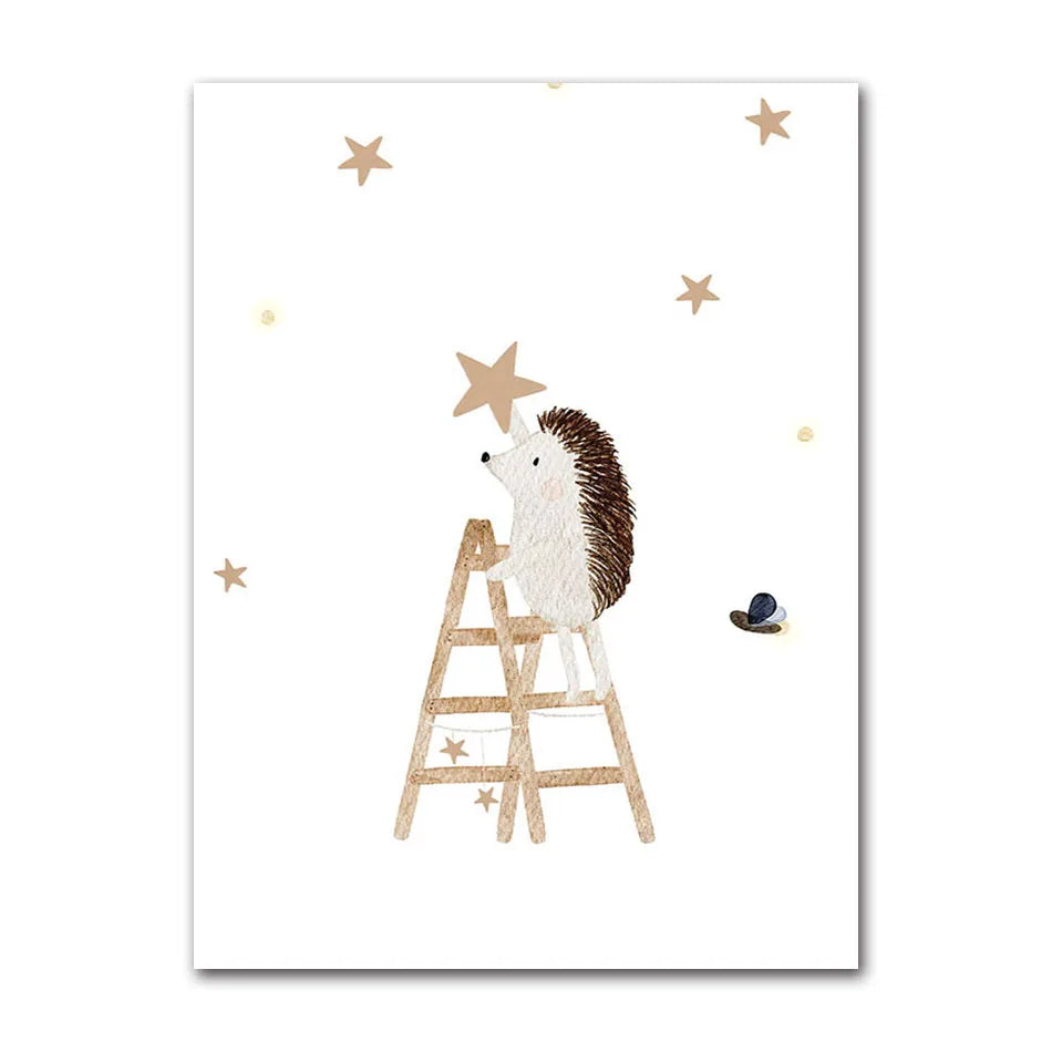 Boho Cartoon Canvas Painting, Fox, Rabbit, Bee, Bear, Hedgehog, Flower Posters, Art Prints, Wall Photos, Baby, Kids Room