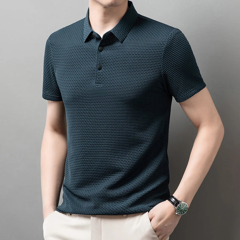 2025 Men's Business Casual Short Sleeved Bone Flower Solid Color POLO Shirt Fashion Breathable Comfortable Summer Versatile Top