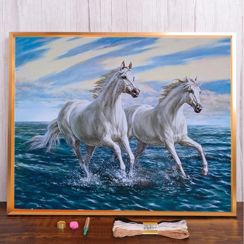 Animal Horse Printed 11CT Cross Stitch Patterns Embroidery DMC Threads Knitting Painting Needlework Hobby Counted Design Mulina