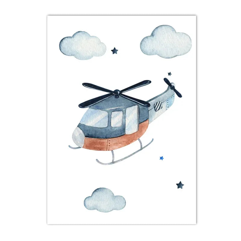 Hot Air Balloon Canvas Poster Custom Name Art Painting Blue Helicopter Plane Print Pictures Nursery Wall Posters Kids Room Decor