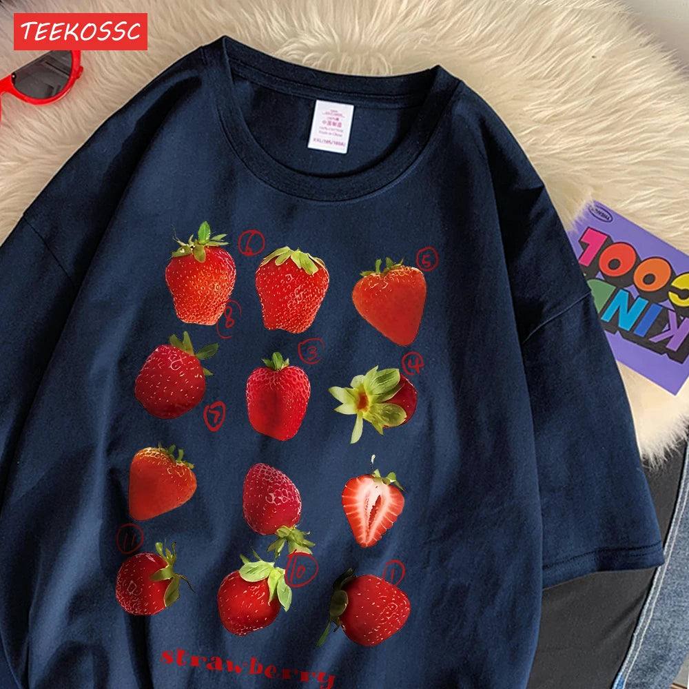 100% Cotton Women T-shirt Cute Fresh Strawberries Printed Tee Shirt Summer Comfortable Loose Tops Street Fashion Female Clothes