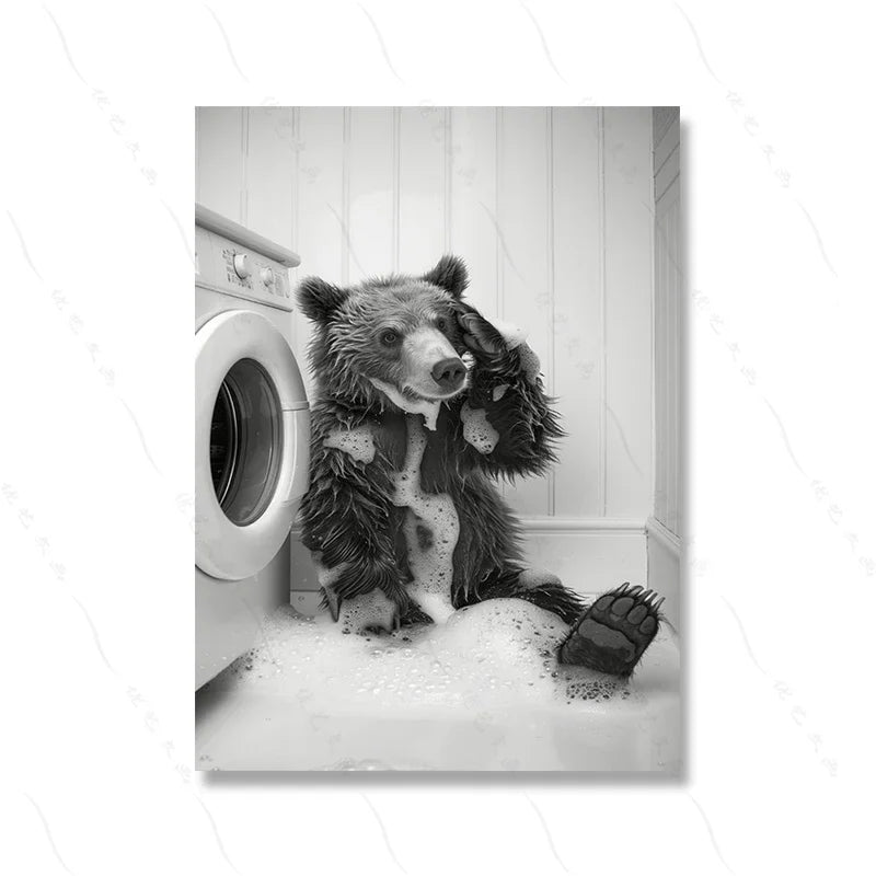Cute Giraffe Penguin Tiger in Washing Machine Poster Laundry Room Decor Picture Funny Laundry Wall Art Utility Room Print Canvas