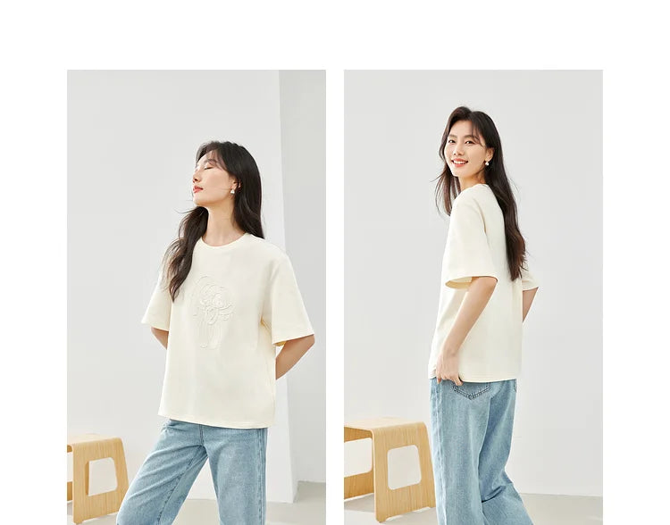 Vimly Summer Short Sleeve Women's T-shirt Simple Round Neck Straight Loose Casual Embroidery Cotton Top Basic Tees M5617