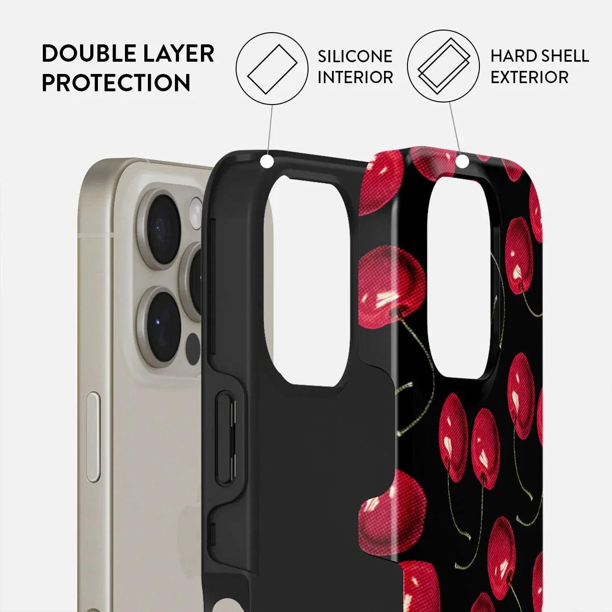 BURGA Cherry Pattern Phone Case for iPhone 16 15 14 13 12 11 Pro Max Plus Luxury Double-layer Back Cover