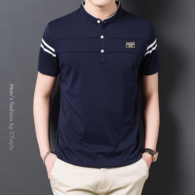 2025 Men's Casual Fashion Solid Color Short Sleeved Polo Shirt Stand Up Collar Versatile Comfortable Top