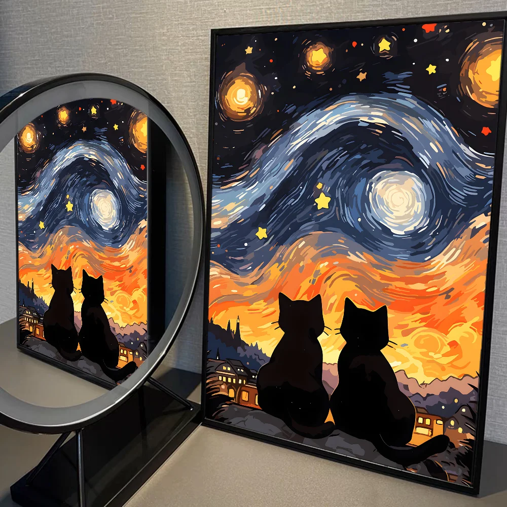 Van Gogh The Starry Night Romantic Black Cat WhitePaper Poster Sticker for Living Room Bar Decorants Aesthetic Art Wall Painting