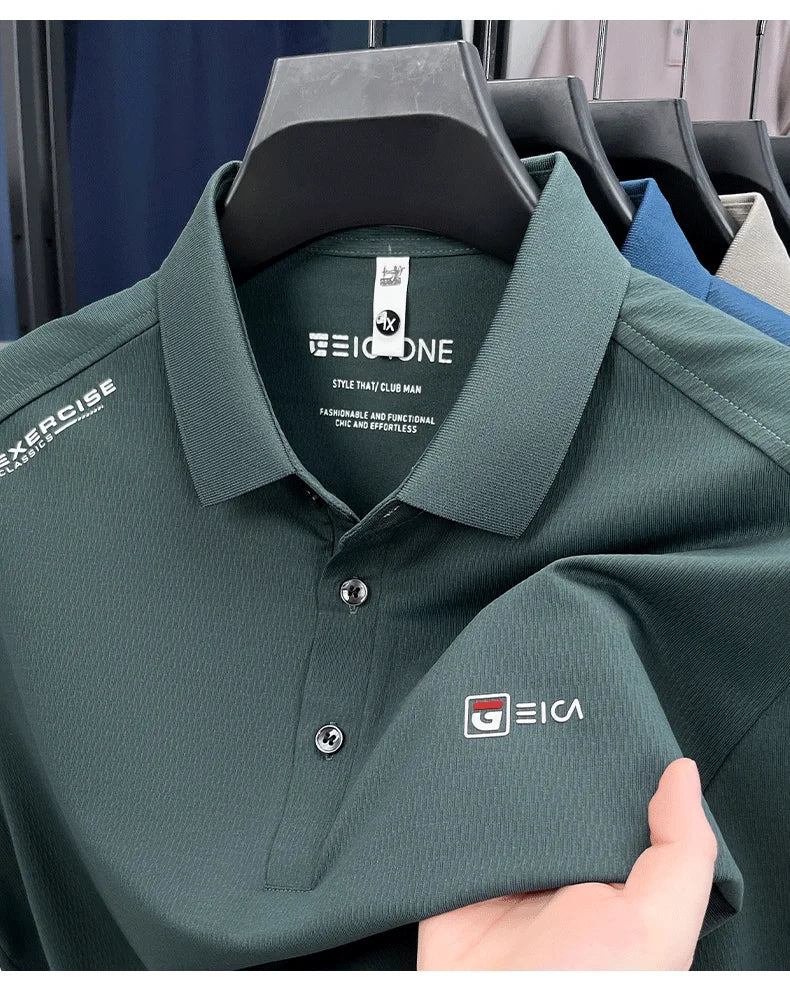 Luxury fashion men's short sleeve polo shirt summer new trend brand symbol embossed silky smooth loose breathable lapel T-shirt