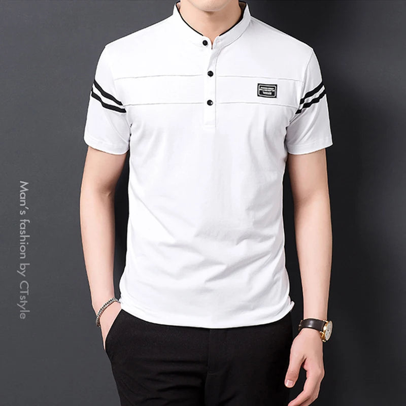 2025 Men's Casual Fashion Solid Color Short Sleeved Polo Shirt Stand Up Collar Versatile Comfortable Top