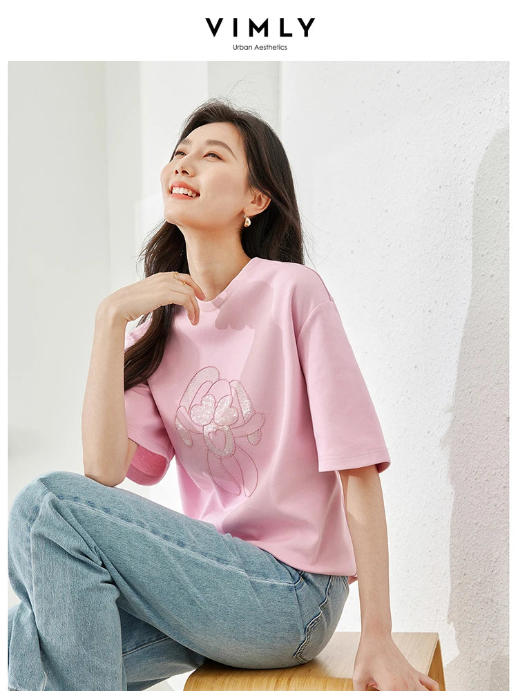 Vimly Summer Short Sleeve Women's T-shirt Simple Round Neck Straight Loose Casual Embroidery Cotton Top Basic Tees M5617