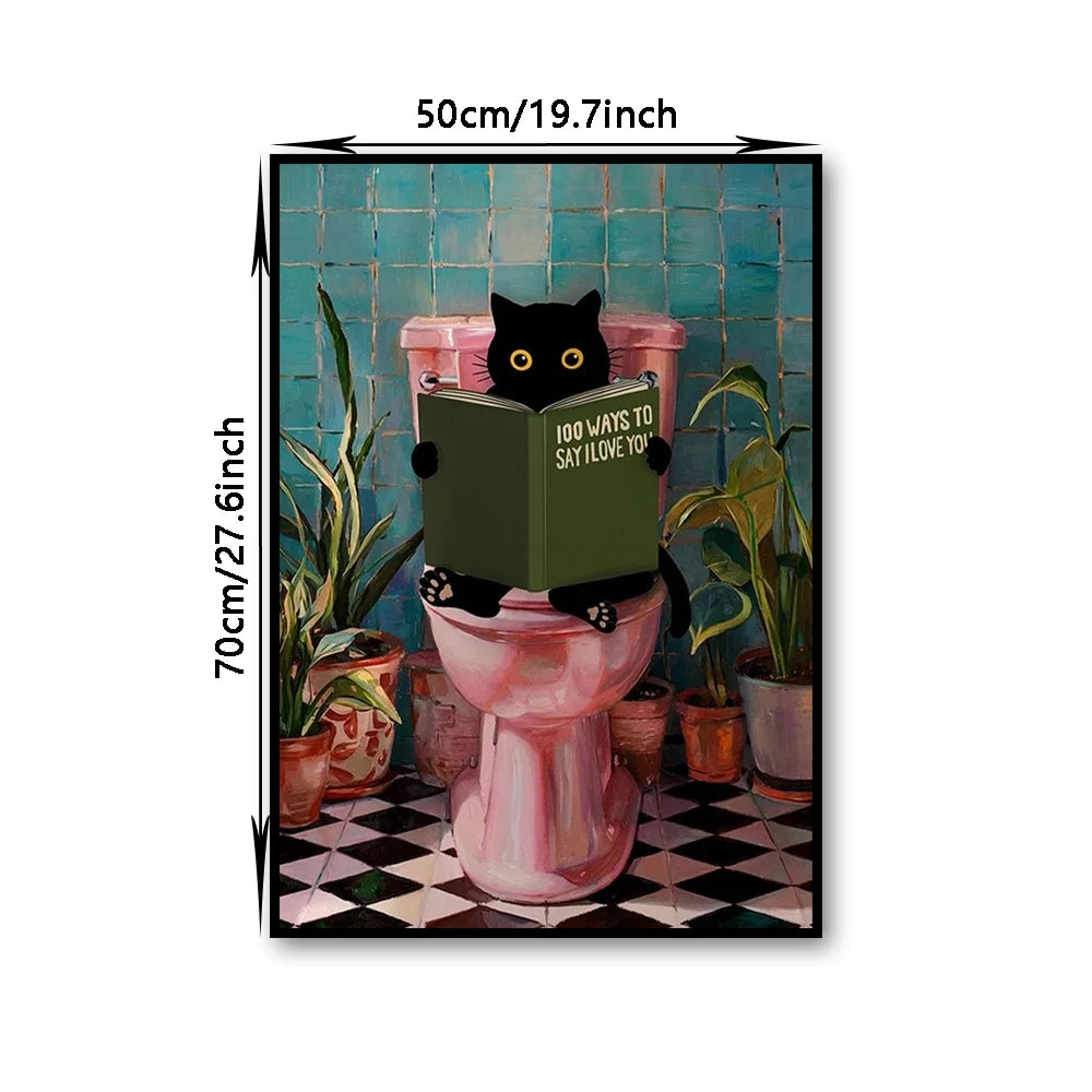Bathroom Cat Reading on Toilet Canvas Wall Art Print Poster Funny Animal Decor Painting Home Decor Gift Unframed