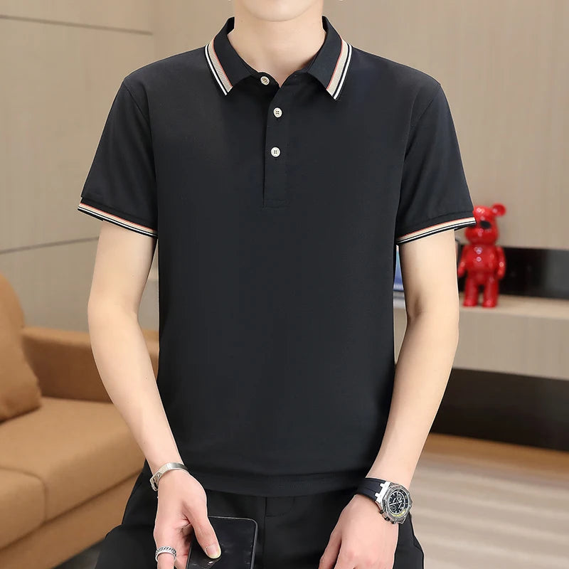 2025 Summer Casual Super Stretch Polo T-Shirt Men Turn Down Collar Slim Fit Solid Color Golf Top For Men Plus Size 4XL