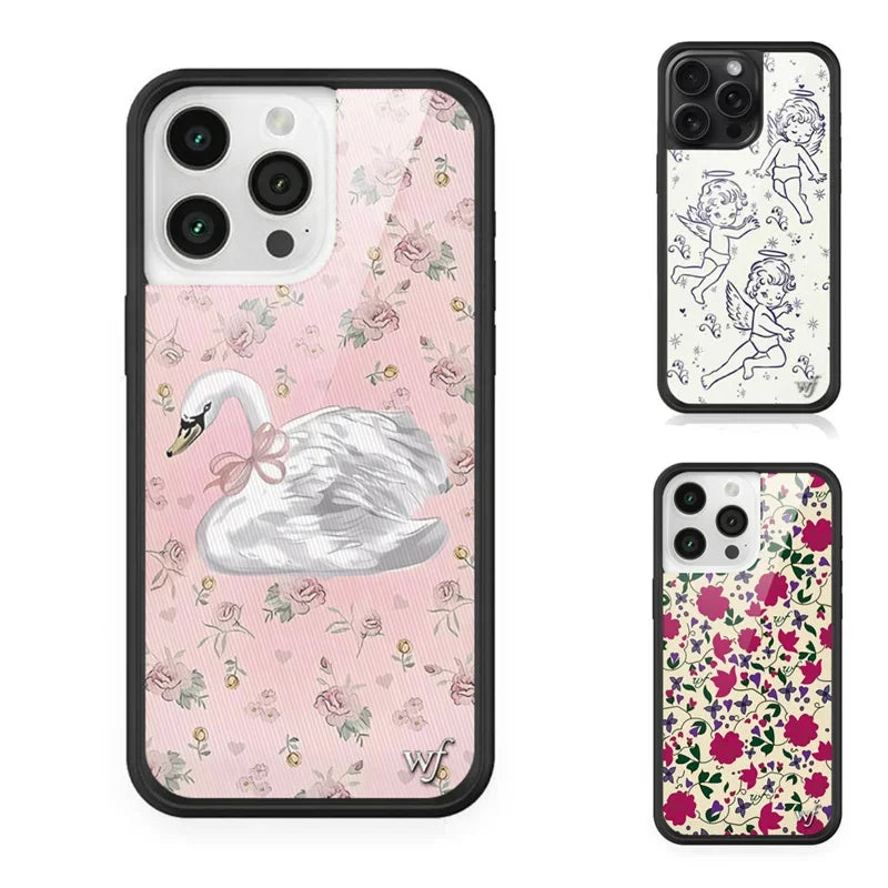 Fashion Wildflower Cartoon Swans Phone Case for iPhone 13 Pro 14 pro 15 Max 16 pro max 12 Cute Puppy WF Deer Cherry Protection
