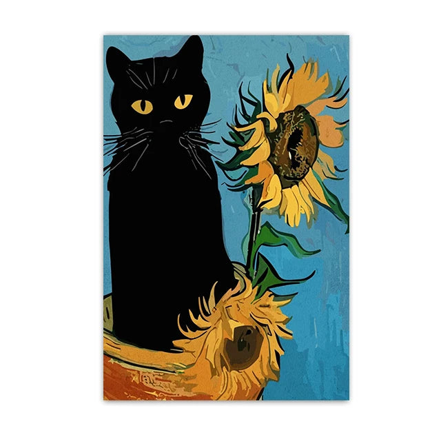 Funny Black Cat Wall Art Van Gogh Starry Night Poster Abstract Famous Reproduction Canvas Painting Aesthetic Room Home Decor