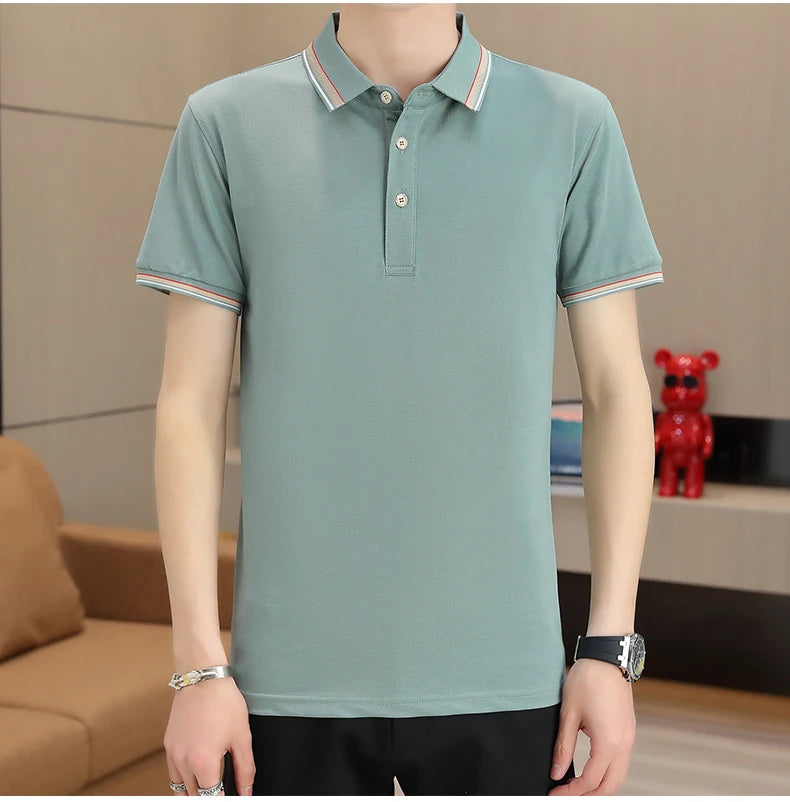 2025 Summer Casual Super Stretch Polo T-Shirt Men Turn Down Collar Slim Fit Solid Color Golf Top For Men Plus Size 4XL
